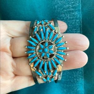 Navajo Style Blue Faux Turquoise Flower Bangle